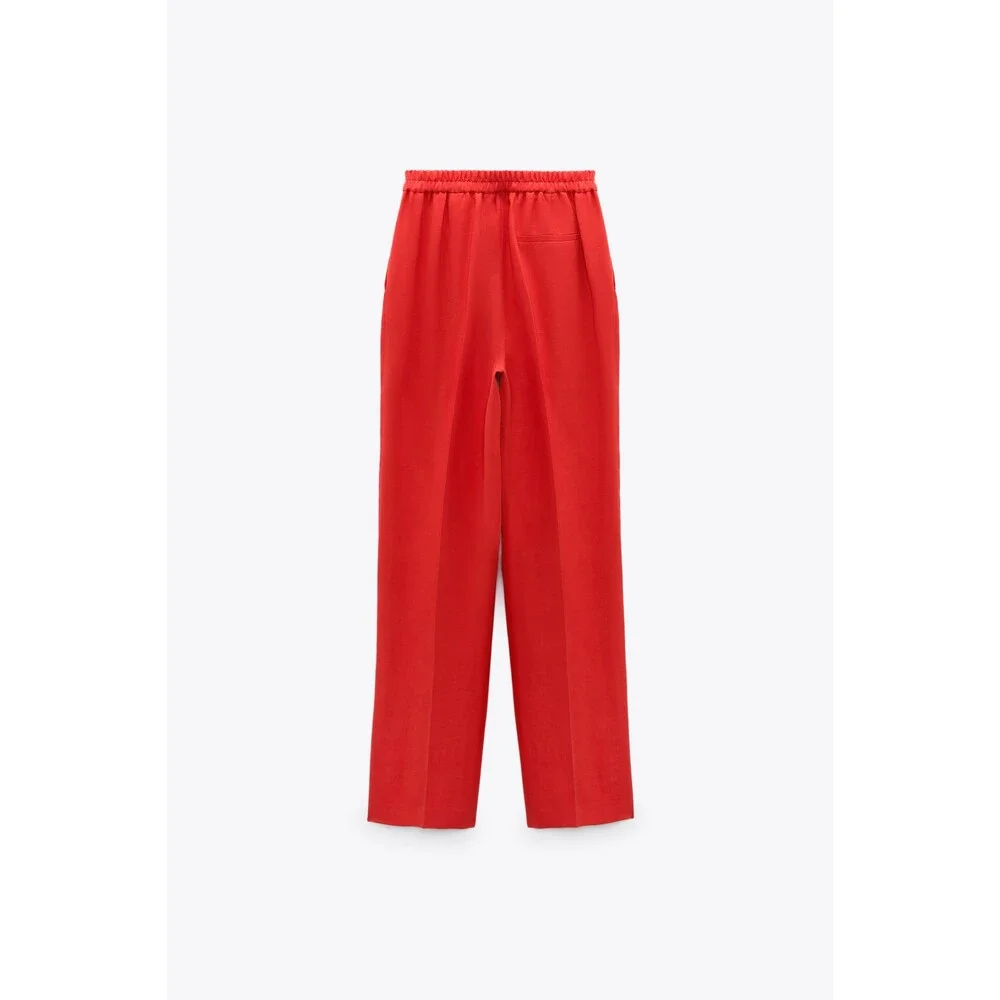 Red Zara Linen Blend Wide-Leg Pull-On Pants Trousers (NWT)